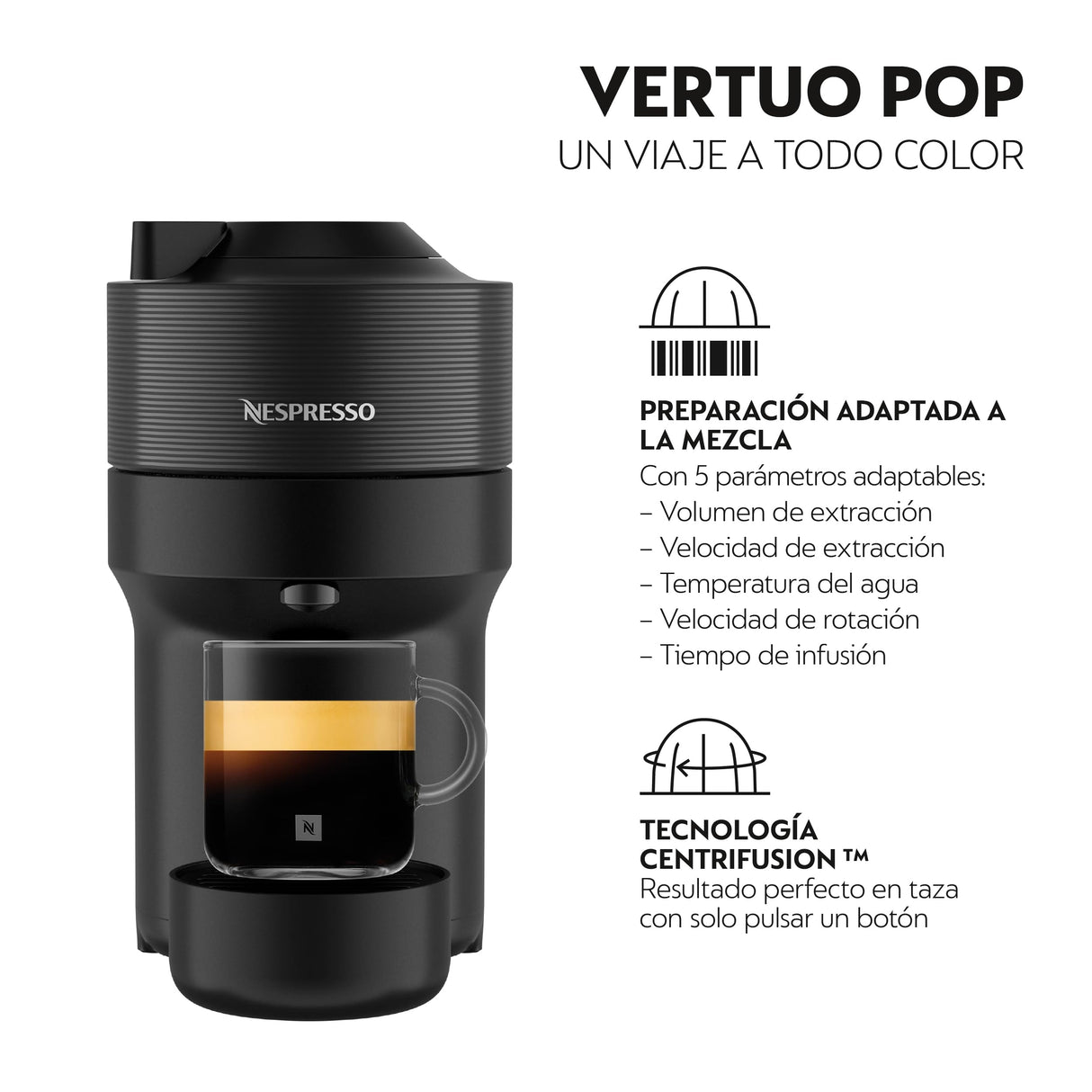 Nespresso De'Longhi Vertuo Pop ENV90.B, Máquina de Café de Cápsulas + Aeroccino Incluido, 4 Tamaños de Taza, Tecnología de Centrifugación, Set de Bienvenida Incluido, 1260W, Negro Regaliz