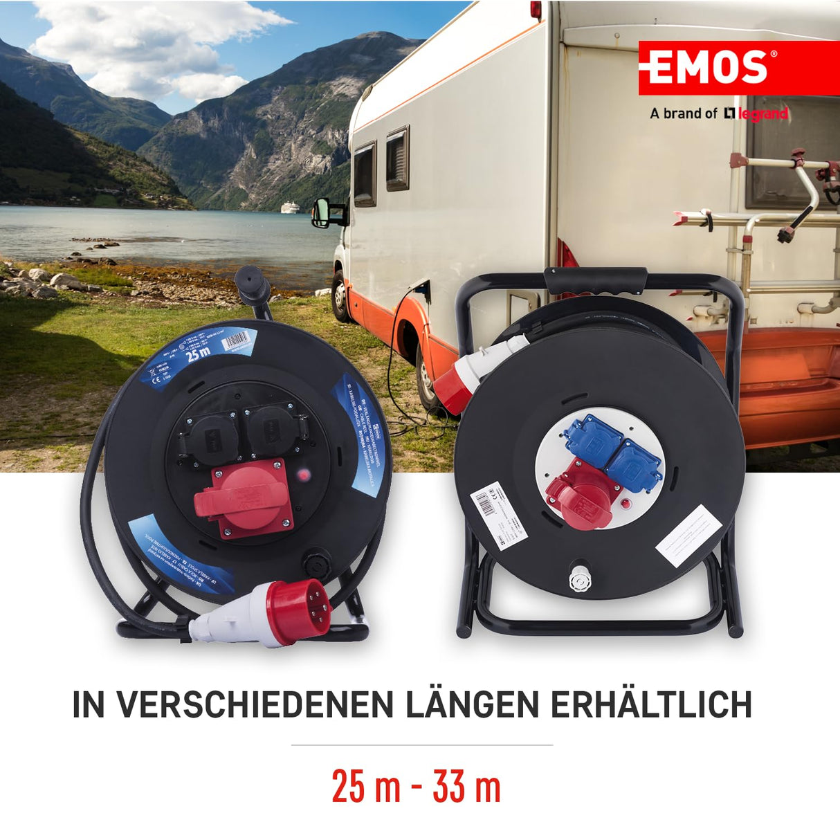 EMOS - Tambor de Cable CEE 33m - 3 Tomas (1 CEE, 2 Schuko) - Resistente al Agua - 230 V/400 V, 15 A, 2500 W/6400 W - Aislamiento de Goma - H07RN-F 2,5 mm2 - IP44 para Exteriores y Camping