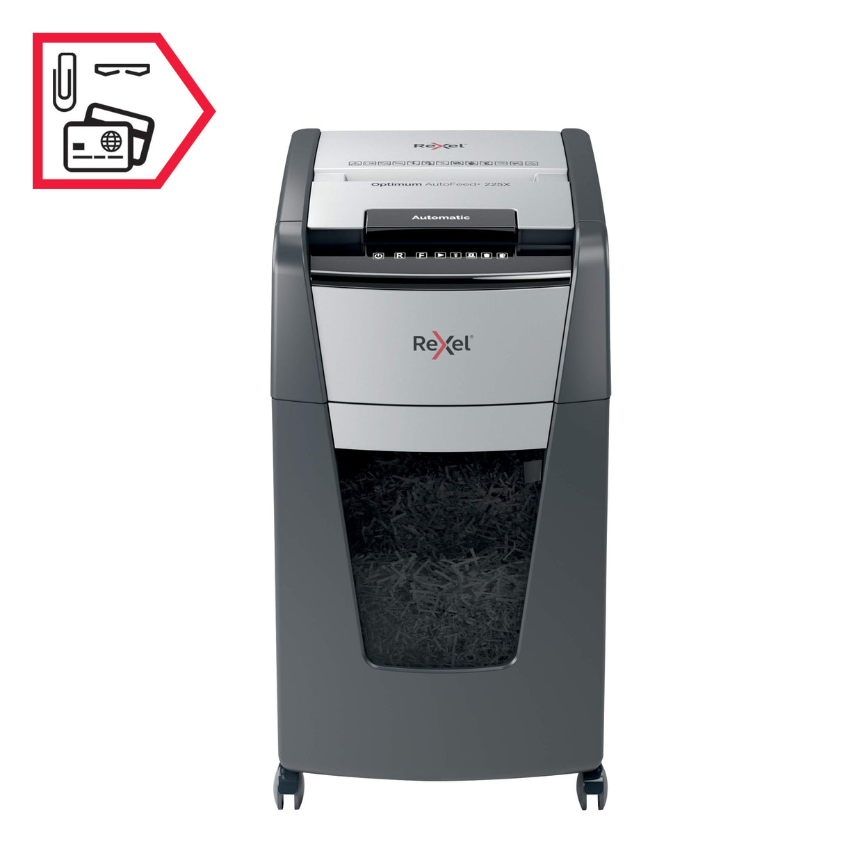 Rexel 2020225X - Destructora Automática Rexel Optimum AutoFeed 225X de Corte en Partículas P4 para Oficina, Destruye Hasta 225 Hojas a la Vez, Papelera Extraíble de 60 Litros, con Ruedas y Silenciosa