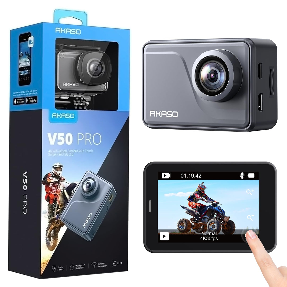 AKASO V50 Pro Camera Sport 4K 30fps 20MP WiFi - Cámara 4K Impermeable Ultra HD Estabilizador EIS con Control Remoto Pantalla táctil Gran Angular Ajustable - Cámara Deportiva submarina 40M y Kit de