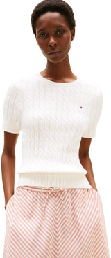 Tommy Hilfiger Jersey Mujer Cable manga corta, Blanco (Ivory Silk), M