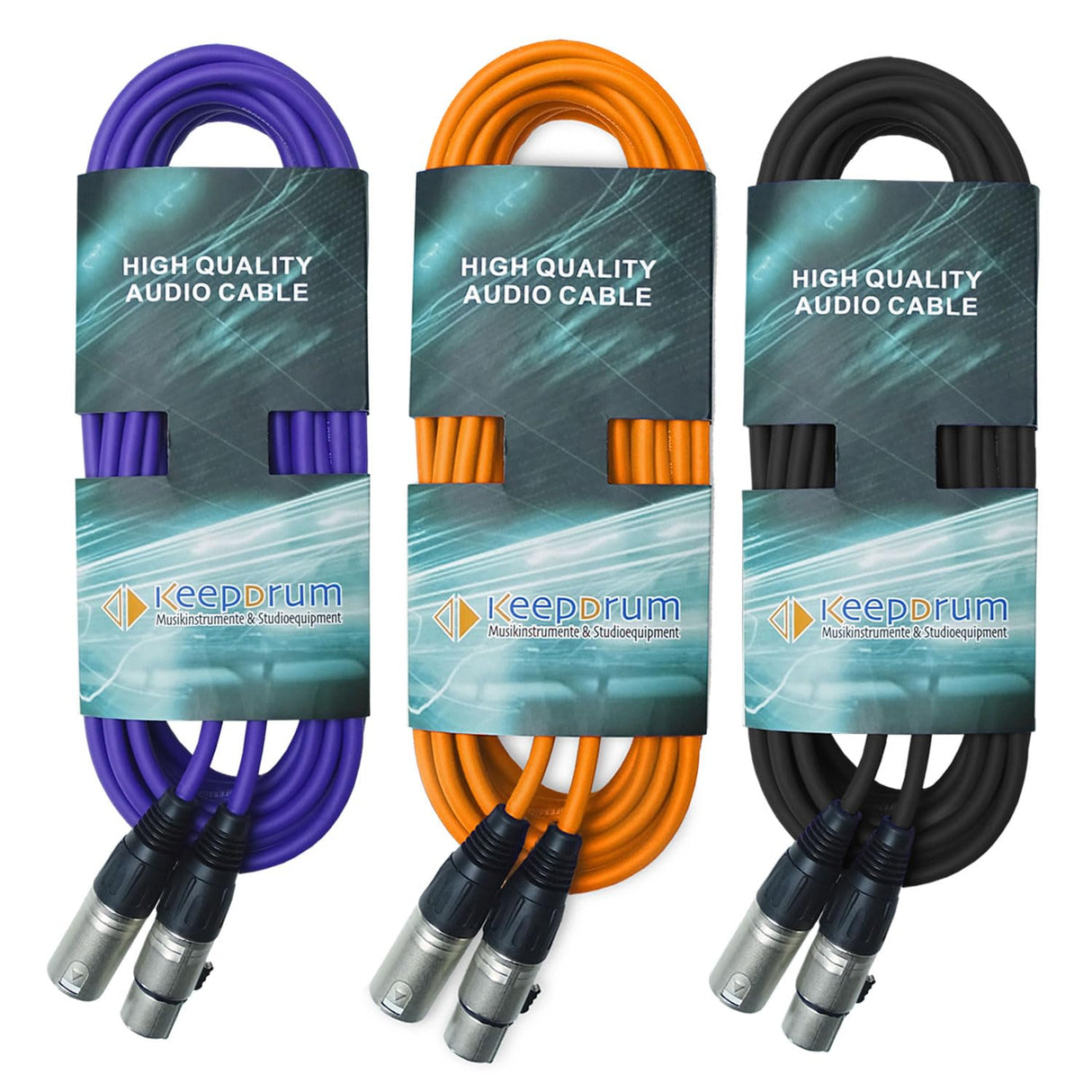 keepdrum Cable de micrófono XLR 10 m lila, naranja y negro, 3 unidades
