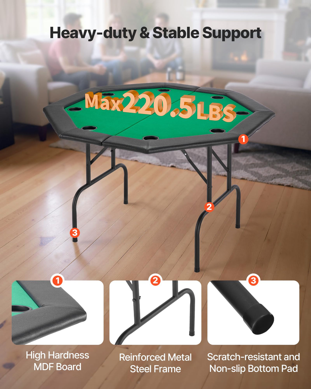 VEVOR Mesa de Póker Plegable, Mesa de Casino Plegable para Ocho Jugadores con Rieles Acolchados y Portavasos, con Patas de Fieltro y Metal, para Texas Hold'em y Blackjack, 1260 x 1260 x 750 mm