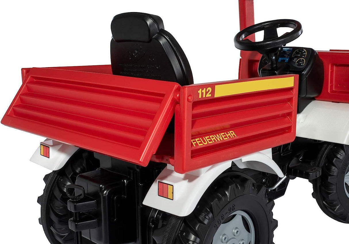 Rolly Toys Fire Unimog 038275 - Camión de Bomberos edición 2020 con Remolque (Coche a Pedales de 3 a 8 años, jeringuilla, Intermitente, Cambio de Marchas, Freno)