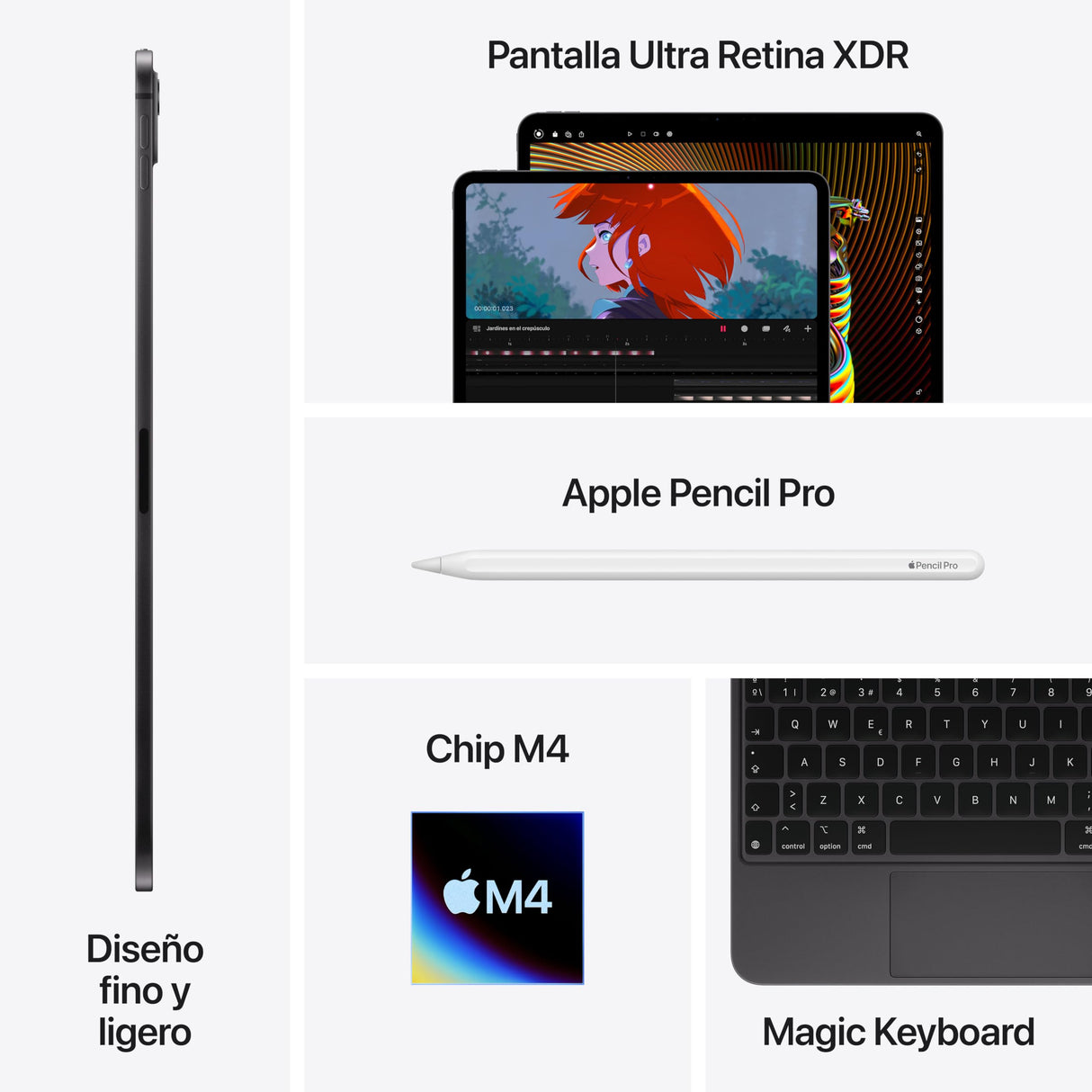 Apple iPad Pro de 13 Pulgadas (M4): Ultra Retina XDR, 1 TB, cámara Frontal de 12 Mpx en Horizontal y Trasera de 12 Mpx, Wi Fi 6E y 5G, autonomía de Sol a Sol, Vidrio nanotexturizado- Negro Espacial