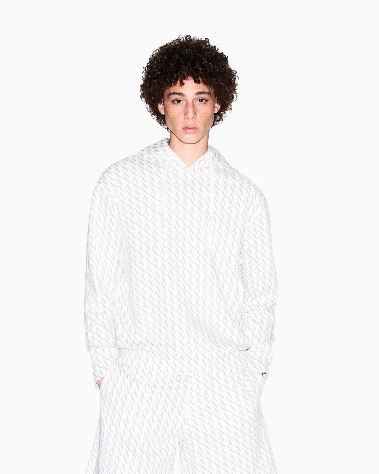 Armani Exchange Essential, All Over Logo Sudadera con Capucha, Off White/Ash Allover, L para Hombre