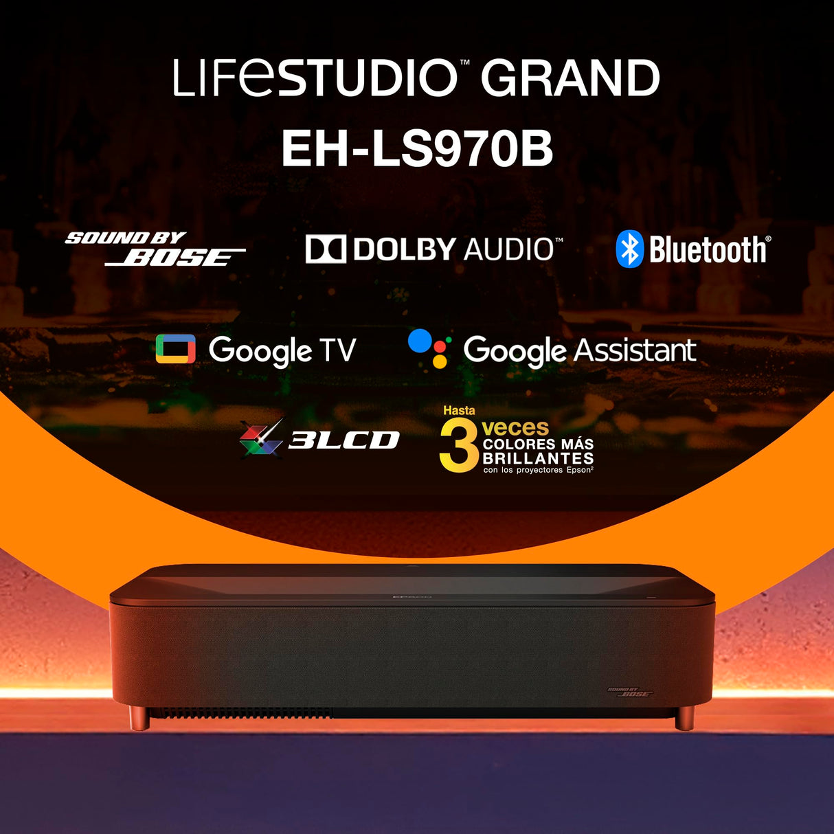 Epson Lifestudio Grand Plus EH‑LS970B | Proyector TV Láser de Ultracorto Alcance | Cine en Casa 4K | 4.000 Lúmenes | Imagen IA | Sonido BOSE | GoogleTV | Pantalla 150 Pulgadas | Garantia5 Años | Negro