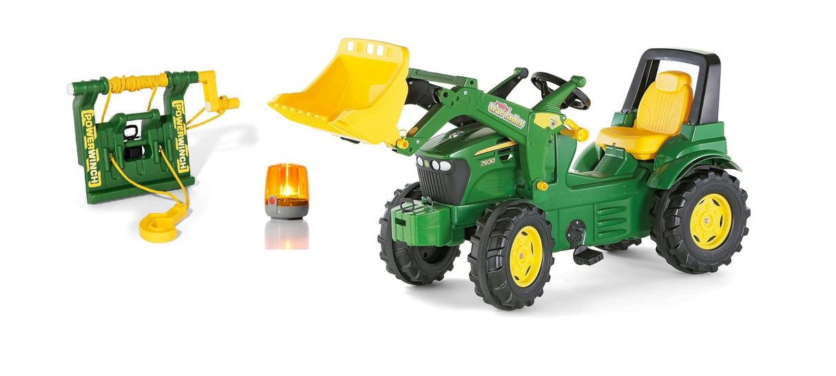 Rolly Toys RollyFarmtrac John Deere 710454 - Juego de 3 Piezas con Cargador Frontal, cabrestante y luz Intermitente (3 Piezas, Tractor a Pedales para niños a Partir de 3 años, Incluye Accesorios)
