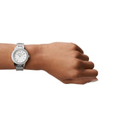 Fossil Jesse Reloj para mujer, movimiento de cuarzo con correa de acero o piel, Tono plateado y purpurina, 34MM