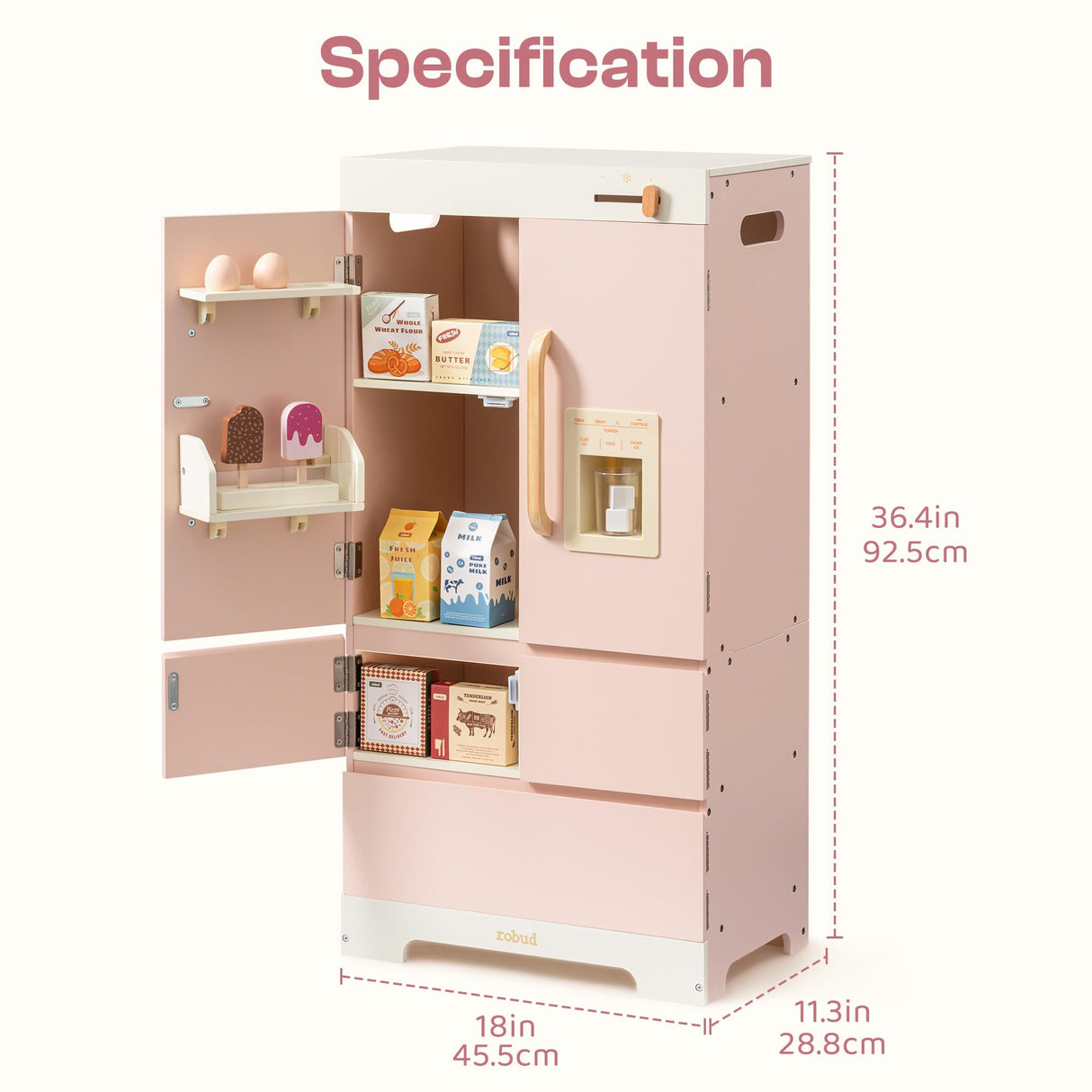ROBUD Frigorífico de Madera - Realista e Interactivo con máquina de Hielo y Juguetes alimenticios - Apto para niños a Partir de 3 años - Rosa