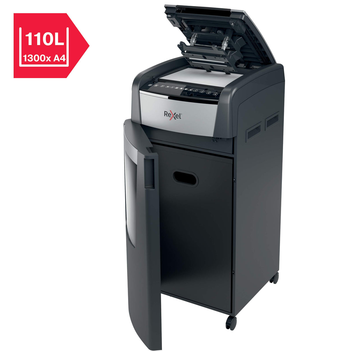 Rexel Optimum Autofeed Destructora de Papel de Alimentación Automática con Microcorte P5, 600 Hojas, Papelera de 110 L, con Ruedas, 2020600M