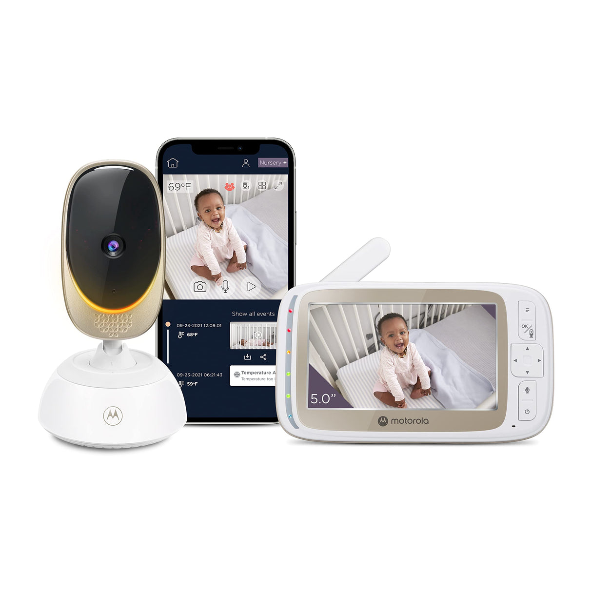 Motorola Nursery VM85 Connect Vigilabebés con Cámara – WiFi y App Móvil, Pantalla 5”, Visión Nocturna, Giro/Inclinación, Comunicación Bidireccional, Canciones de Cuna