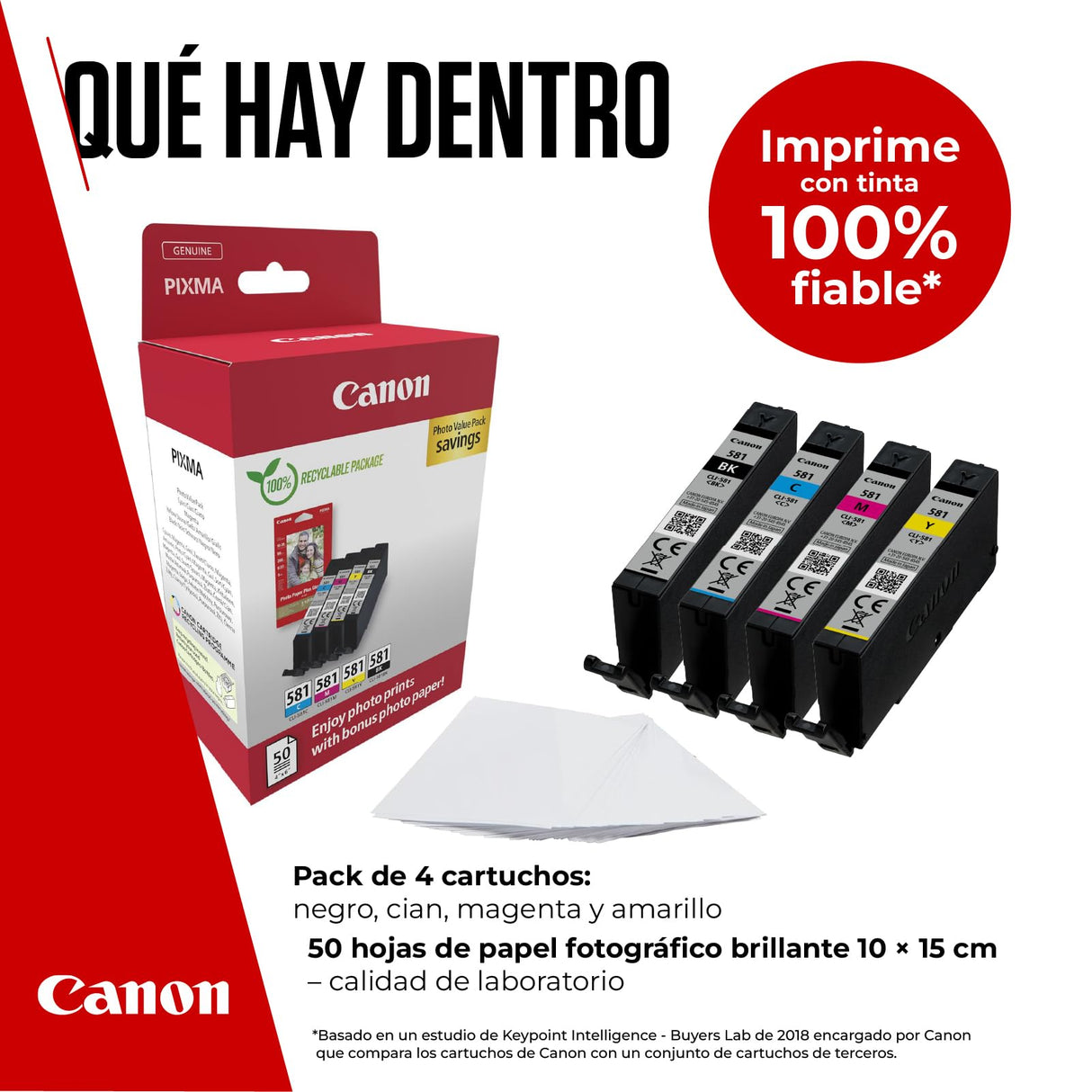 Canon Tinta y Papel - CLI-581 - Pack 4 Cartuchos Originales (x 1 Negro, x 1 Cian, x 1 Magenta, x 1 Amarillo) + Papel fotográfico 10 x 15cm (50 Hojas)