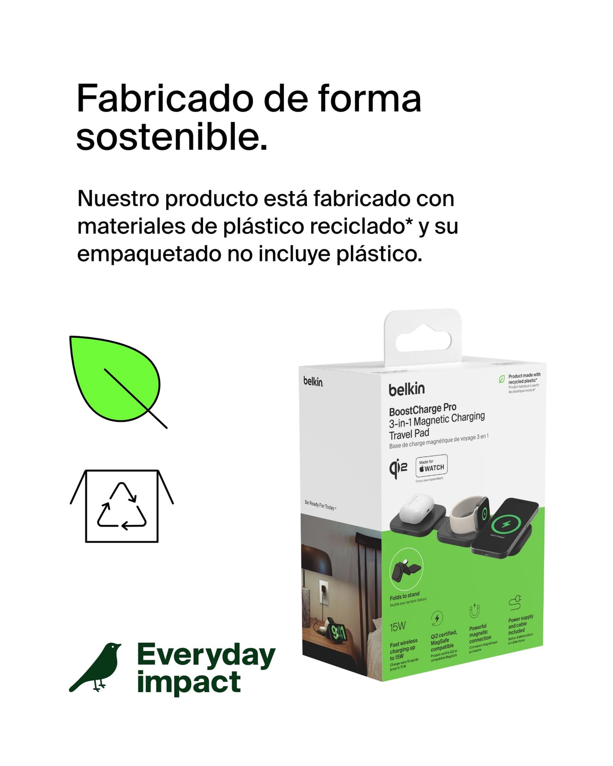 Belkin BoostCharge Pro Cargador inalámbrico Plegable 3 en 1 Qi2, Base de Carga magnética de Viaje 15 W, Soporte de Carga portátil con MagSafe para iPhone 16, 15, 14, Apple Watch 10 y AirPods