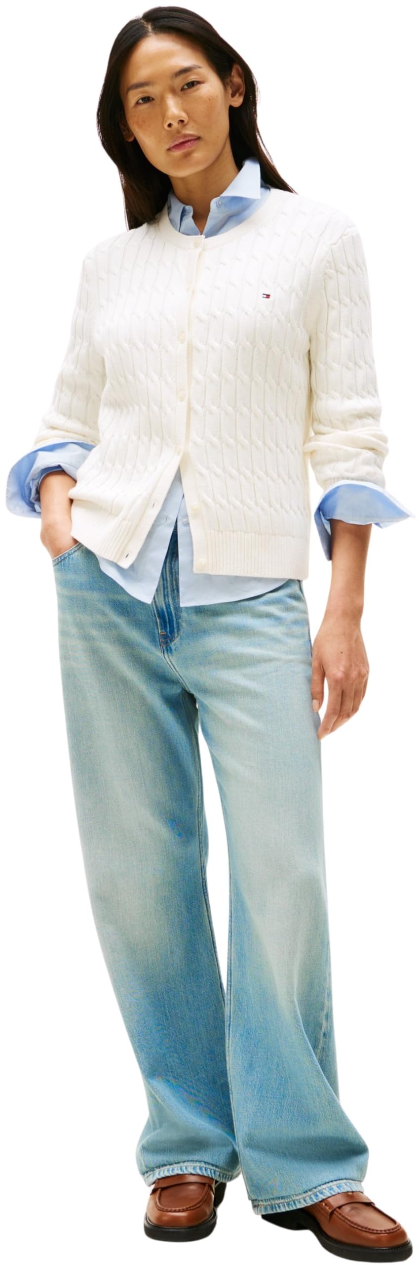 Tommy Hilfiger Chaqueta de punto Mujer Cardigan Co Cable Mid Slim Fit, Blanco (Ivory Silk), XL