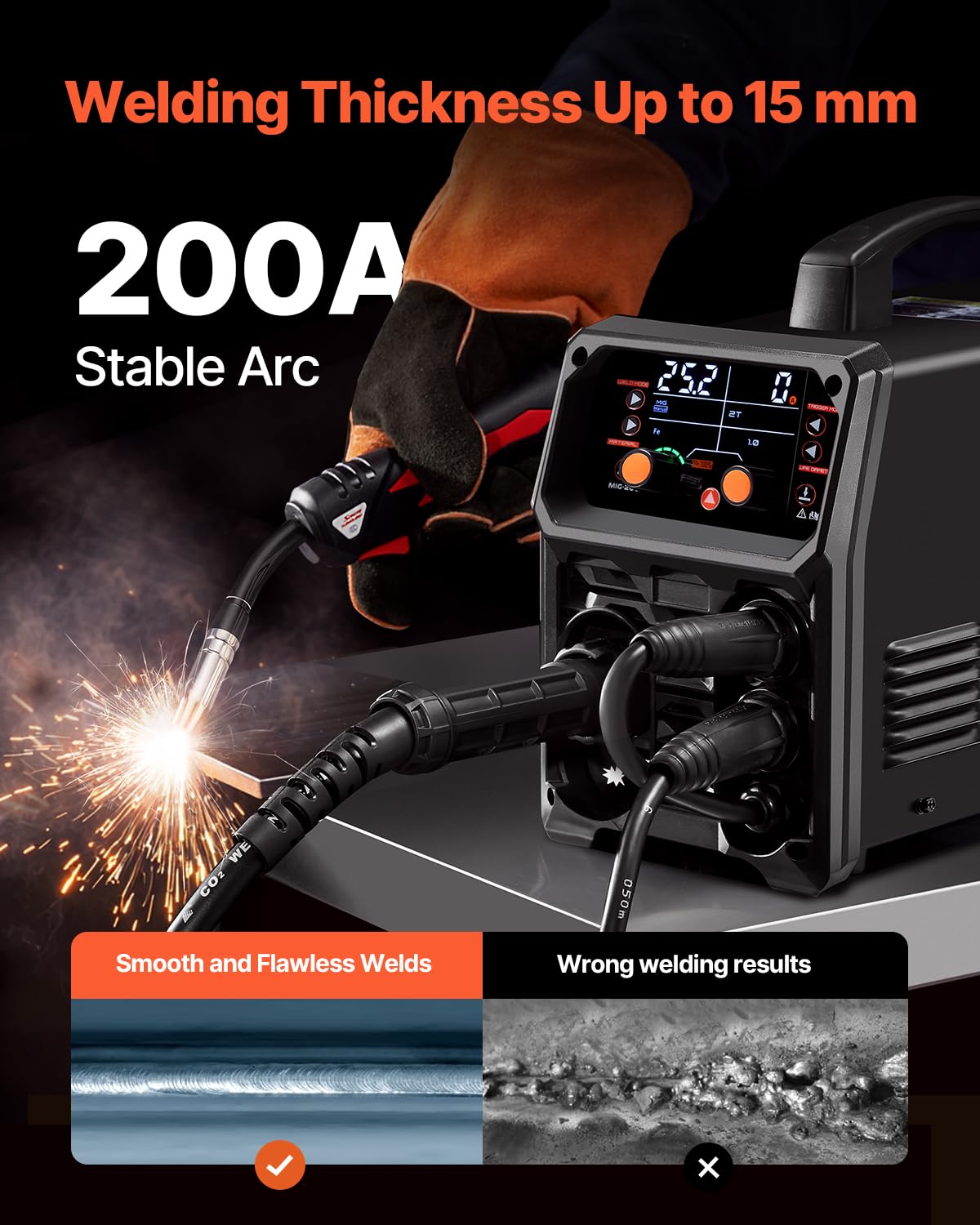 VEVOR Máquina de Soldadura MIG Sinérgica de 200 A, Máquina de Soldadura Multiproceso 4 en 1 con Tecnología de Inversor IGBT y Pantalla LCD, de Forma más Inteligente, 430 x 180 x 320 mm, Negro
