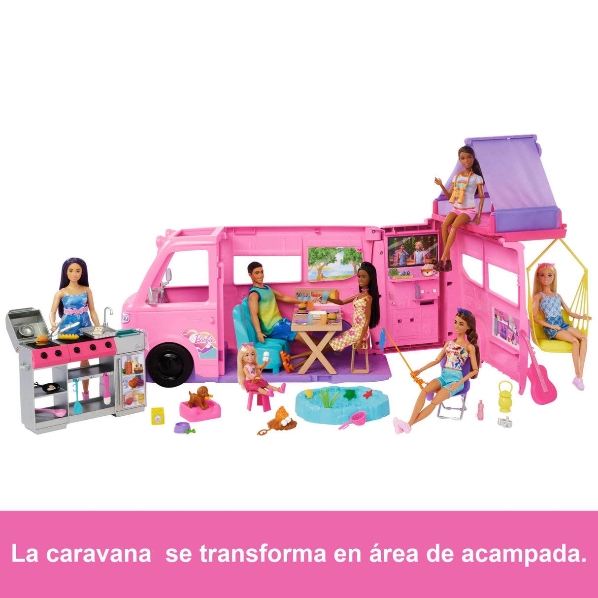 Barbie Súper Caravana DreamCamper Conjunto de juego con tienda de campaña en el techo, columpio, estanque de pesca, barbacoa con función de cambio de color y más de 60 accesorios, incluida masa, HRJ78