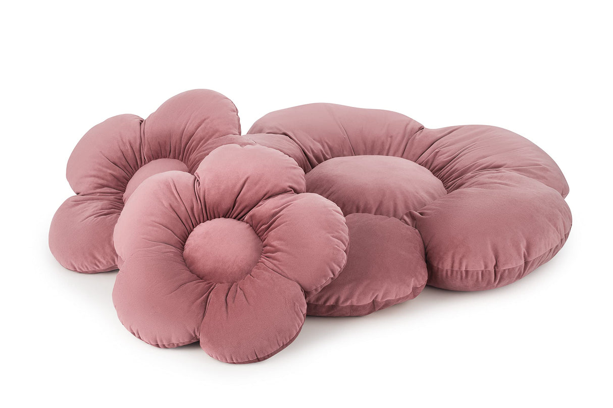 OLIFANT TOYS Juego de 3 Cojines de Suelo en Forma de Flor, Cojines, Asiento cómodos y afelpados, para el salón, decoración única, Almohadillas Suaves, Terciopelo, 2 x Ø 55 cm; 1 x Ø 98 cm, Rosa