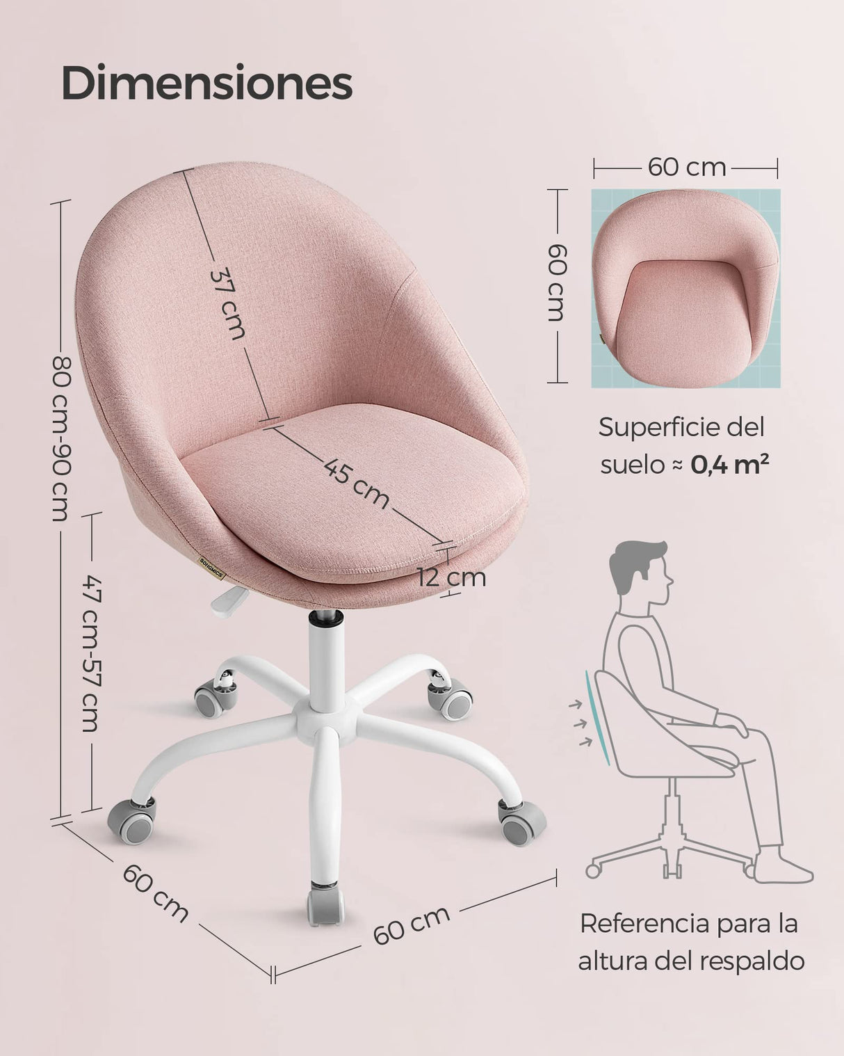 SONGMICS Silla de Oficina en Casa, Silla Giratoria de Algodón y Lino, Silla de Escritorio, Acolchada con Espuma, Altura Ajustable, para Estudio, Dormitorio, Rosa Jalea OBG020P01