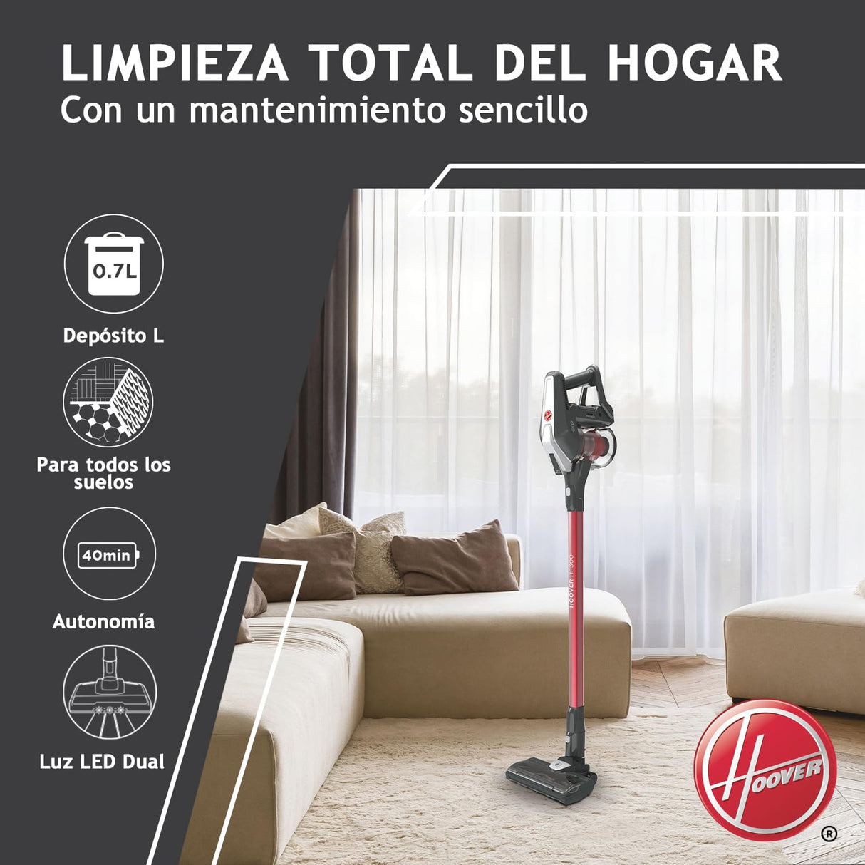 Hoover HF300 Home, HF322TH Aspiradora sin Cable, sin Bolsa, 3 en 1, Escoba, de Mano y Vertical, Rodillo 2 en 1 Suelos y Alfombras, Autonomía 40 min, Color Azul