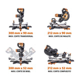 Evolution Power Tools R255SMS-DB ingletadora, Sierra ingletadora deslizante multimaterial de 255 mm, con doble bisel y paquete plus, hasta 300 mm x 90 mm, 5° a izquierda y derecha, inglete de 50°