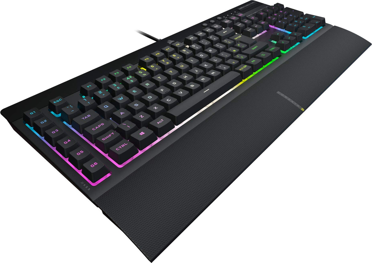 CORSAIR K55 RGB PRO XT Membrana Teclado para juegos con cable, IP42, resistente al polvo y a derrames, 6 teclas macro con integración Elgato, compatible con iCUE, QWERTY UK, PC, Mac, Xbox, color negro