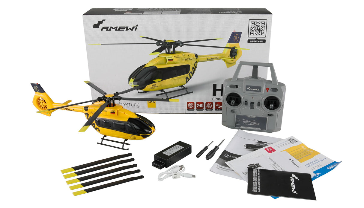Amewi ADAC H145 - Helicóptero sin escobillas (6 Canales, 6 G, RTF, teledirigido, Modelo de Licencia), Color Amarillo