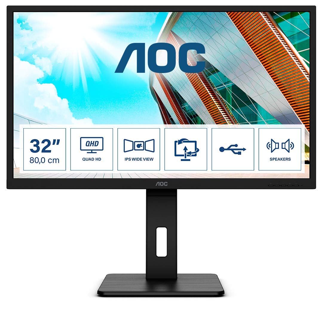 AOC Q32P2 Monitor 32 Pulgadas QHD, 75Hz, IPS, 4 ms GtG, Adaptive Sync., Altura ajustable, Altavoces (2560x1440, 2x HDMI 1.4, 1x DP 1.2, USB-Hub), Negro