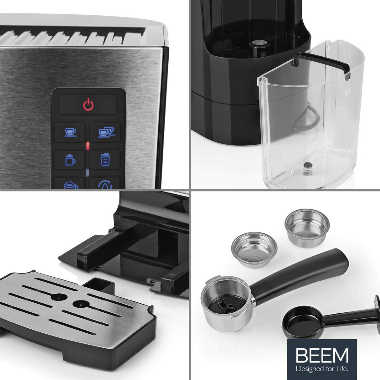 BEEM CLASSICO Máquina portafiltros de espresso - 19 bar | Plata | Depósito de leche integrado y boquilla de vapor | Depósito de agua extraíble | 1450 W