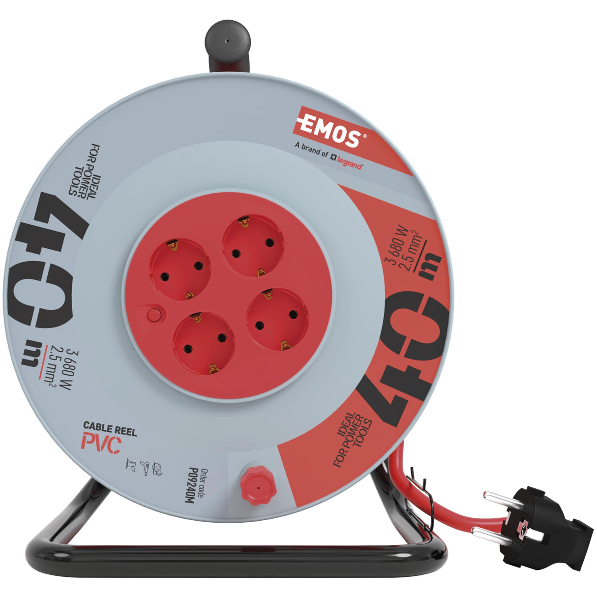 EMOS - Carrete de Cable de 40m con Cable alargador Reforzado - 4 enchufes Schuko - 230 V, 16 A, 3680 W - Aislamiento PVC - H05VV-F3G 2,5 mm2 - Protección contra sobrecalentamiento - IP20 para