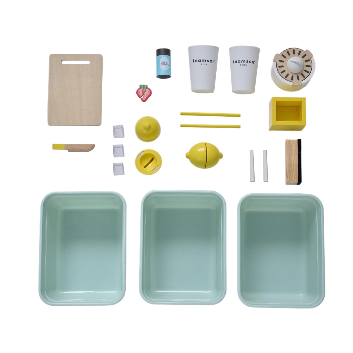 Teamson Kids Puesto de Limonada de Madera Sunny Citrus con 18 Accesorios, exprimidor, Vasos y Juego Educativo de rol para niños