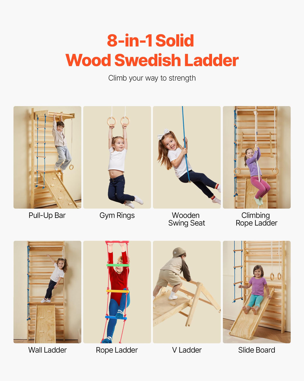VEVOR-8 en 1 Kit de Escalada Niveles Pared, Tobogán, Barra de Dominadas, Anillas de Gimnasio, Columpio y Escalera de Cuerda, Color Madera (15 Levels Solid Wood Indoor Jungle Gym)