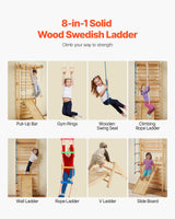VEVOR-8 en 1 Kit de Escalada Niveles Pared, Tobogán, Barra de Dominadas, Anillas de Gimnasio, Columpio y Escalera de Cuerda, Color Madera (15 Levels Solid Wood Indoor Jungle Gym)