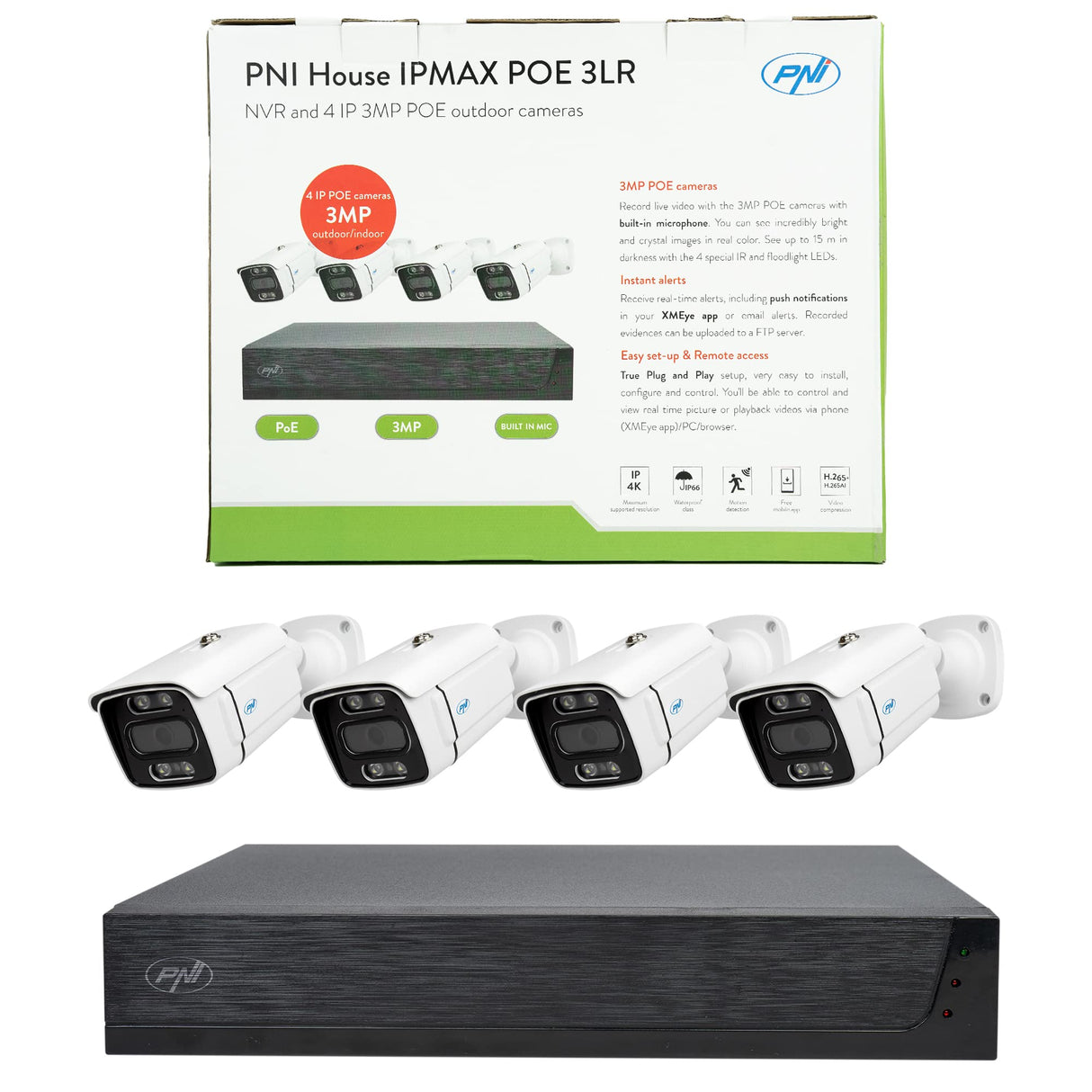 Kit de videovigilancia PNI House IPMAX PoE 3LR, NVR con 4 Puertos PoE y 10 en Red,y 4 cámaras de 3MP, Exterior