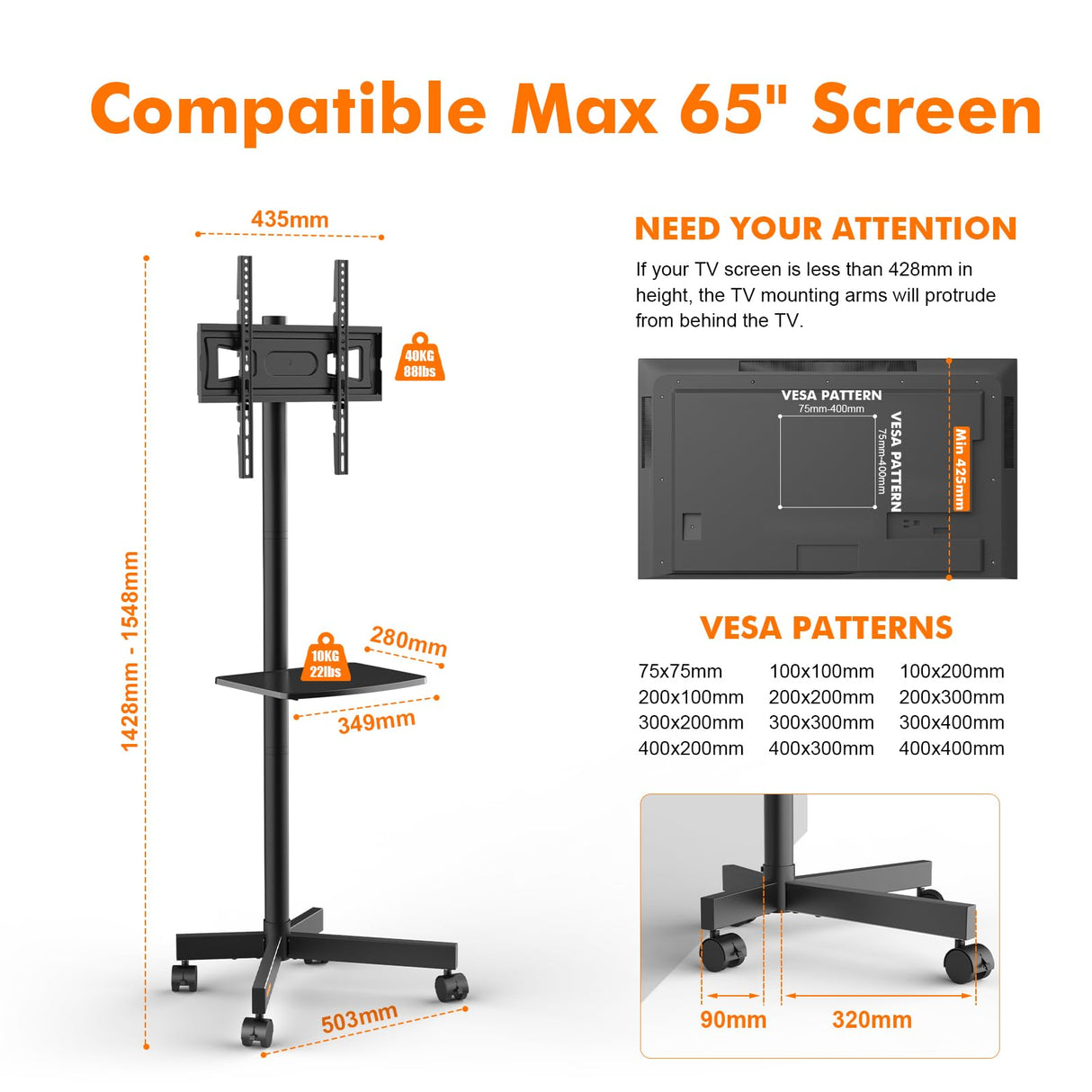 GRIFEMA GB3001 Soporte TV Ruedas para Televisores de Plasma/LCD/LED hasta 65 Pulgadas, Soporte TV Pie con Estante para Portátil, hasta 40 kg, VESA MÁX. 400x400mm, black