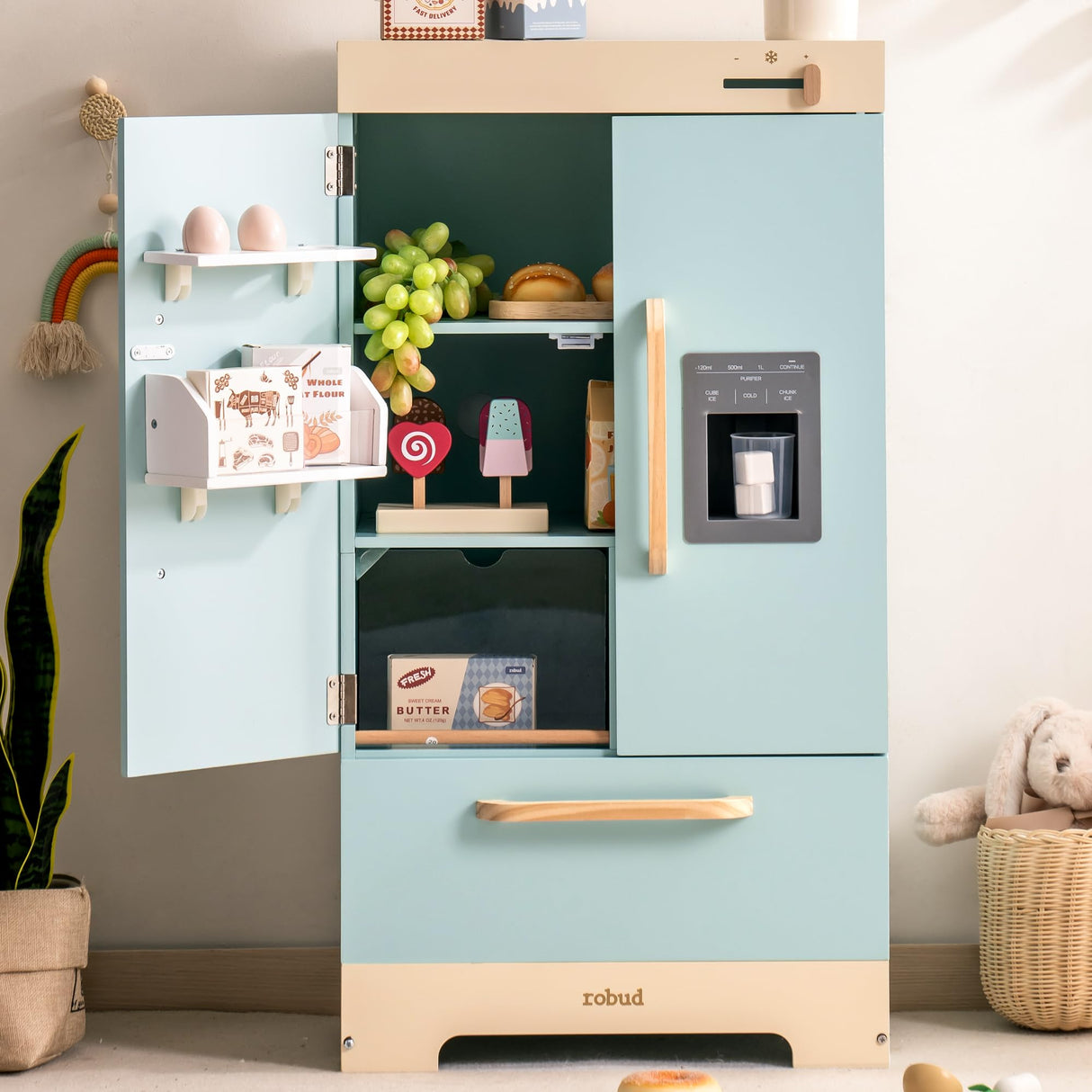 ROBUD Frigorífico de Madera - Realista e Interactivo con máquina de Hielo y Juguetes alimenticios - Adecuado para niños a Partir de 3 años