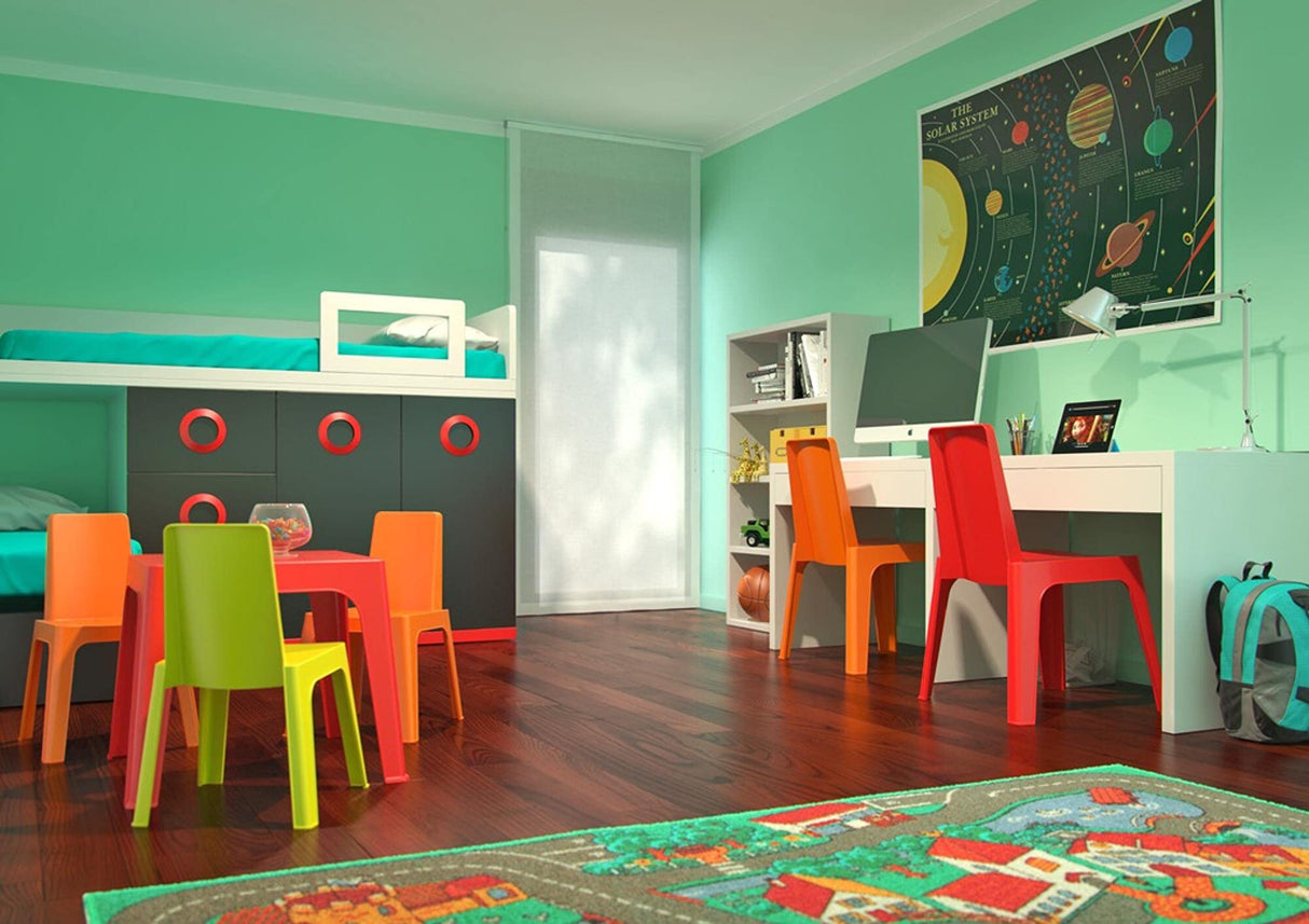 Resol Set Julieta Mesa Infantil y Sillas Mesa y Silla para Niños Muebles Infantiles Mesa Exterior Mesa Exterior jardín - 1 Mesa Lima + 4 Sillas Roja/Rosa/Azul/Naranja