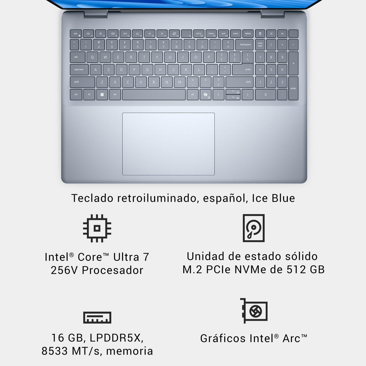 DELL 16 Plus 2 en 1 Portátil Convertible DB06250 16" 2K Táctil, Intel Core Ultra 7 Series 2, Intel ARC, 16 GB RAM, 512 GB SSD, Win 11 Home,Teclado retroiluminado QWERTY Español – Ice Blue