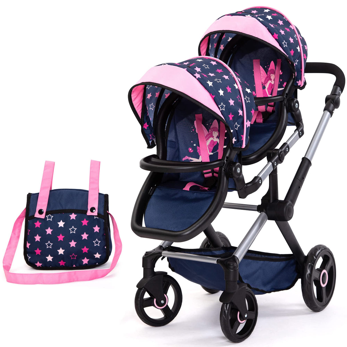 Bayer Design 26716AA Twin Xeo Cochecito de muñeca gemelas, Carrito Doble para muñecos, Altura Regulable, Ruedas Delanteras móviles, Bolsa
