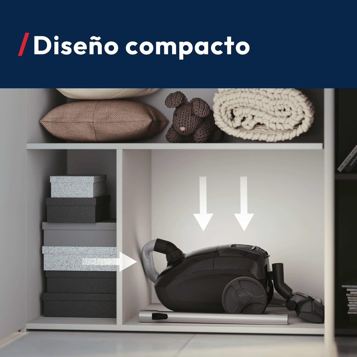 Hoover HE1 Compact – Aspirador con Bolsa para Suelos Duros y alfombras, con Cable, Filtro EPA, Bolsa de 2,5L, Accesorios Integrados y Radio de acción de 7,5 m [HEZ107HM]
