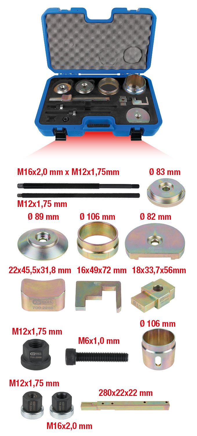 KS Tools 700.2250 Juego de herramientas para silentblock dobles de VAG, 19 pzs