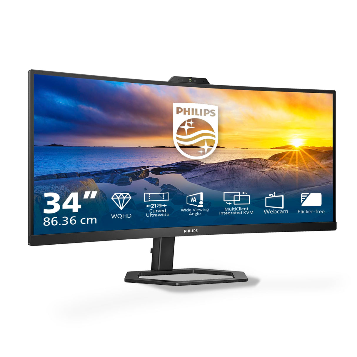 Philips 34E1C5600AM - Monitor Curvo WQHD de 34 Pulgadas, Webcam, Altura Regulable, Altavoz (3440x1440, 100Hz, HDMI, DisplayPort, USB-C, USB Hub) Negro