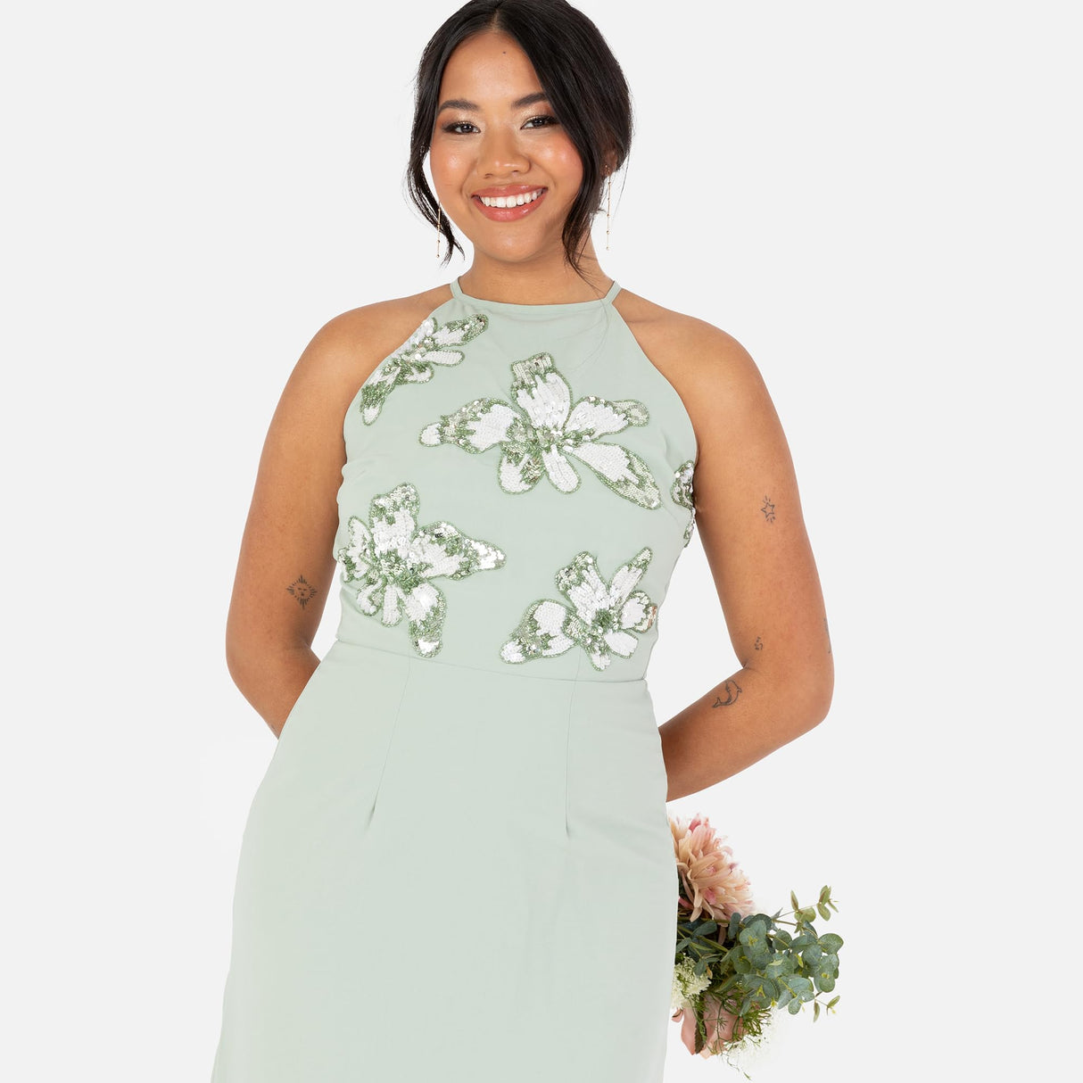 Maya Deluxe Women's Maxi Dress Ladies Sleeveless Halterneck Floral Sequin Embellished A-Line for Wedding Guest Evening Ball Gown Vestido, Green Lily, 38 para Mujer