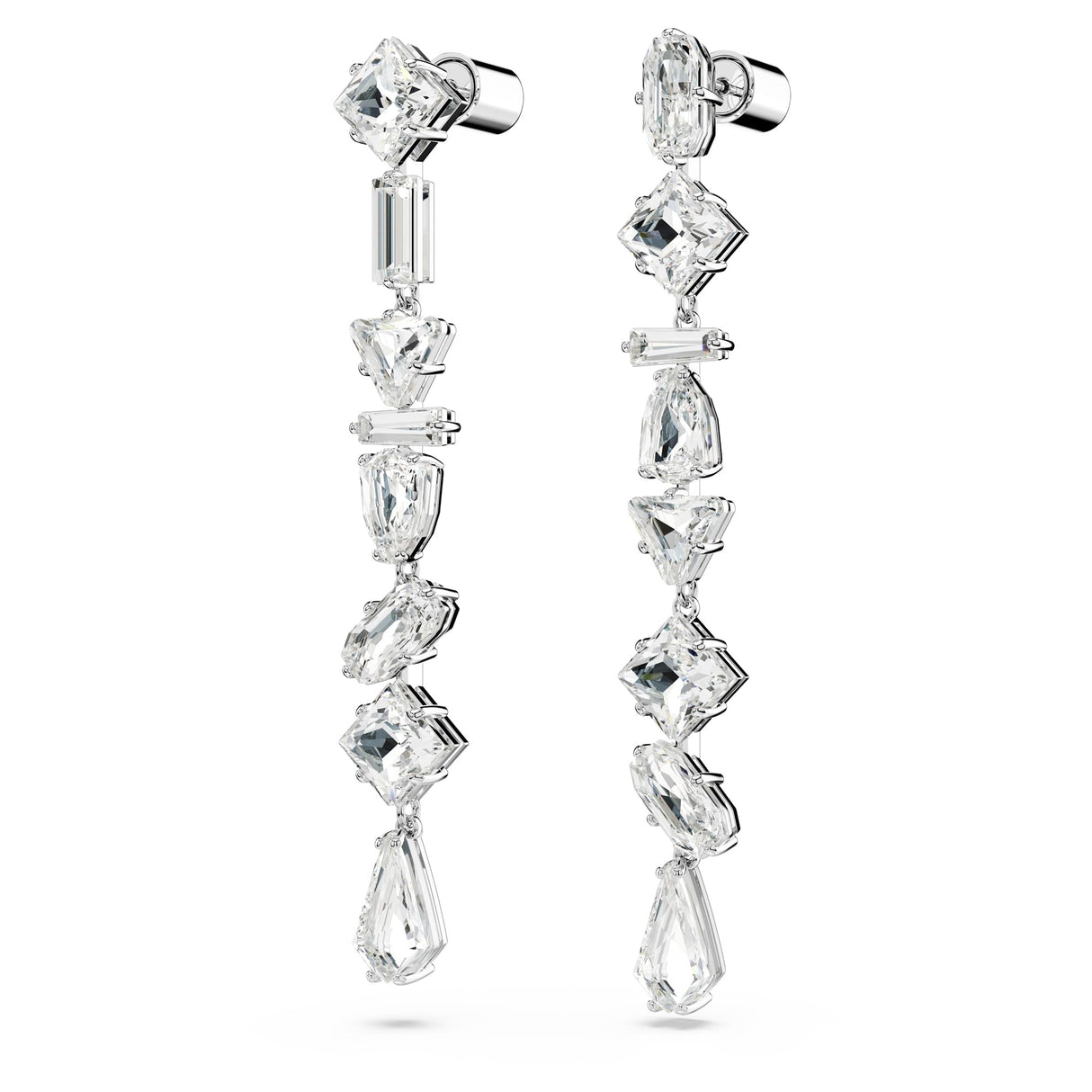 Swarovski Pendientes Mesmera, Diseño asimétrico, Tallas mixtas, Largos, Blancos, Baño de rodio