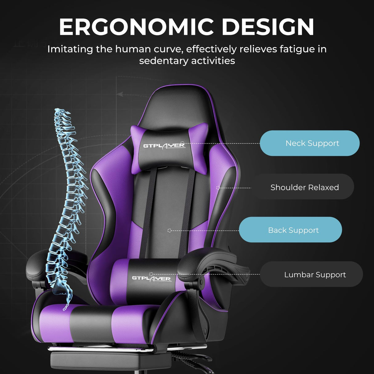 GTPLAYER Silla Gaming con Masajeador Ergonómica Silla Gamer con Reposapiés Reposacabeza, Silla de Oficina Ergonómica, Soporte Lumbar, Silla Juego Ajustable en Altura, Púrpura