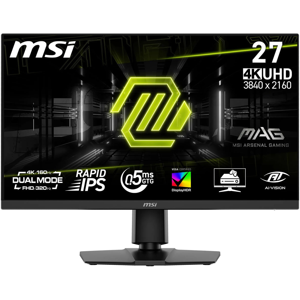 MSI mag 272URDF E16 Monitor Gaming, 27-Inch, 4K UHD, 3840x2160, Rapid IPS, 0.5ms, DisplayHDR 400, Eye Care, AI Vision, Dual-Mode, HDMI 2.1, DP 1.4a, Tilt/Height Adjustable, Negro