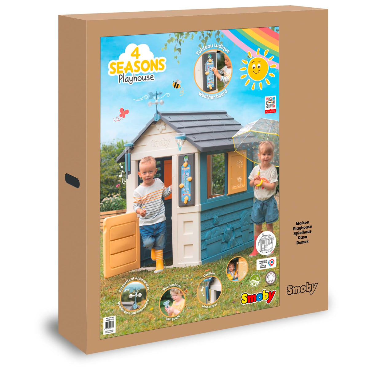 Smoby- Casa 4 Estaciones- para Aprender sobre Las Estaciones, Carillón de Viento, Veleta, Pluviómetro y Tablero Didáctico, A Partir de 2 años, Medidas: 102,7 x 121,8 x 143,4 cm (7600810731)