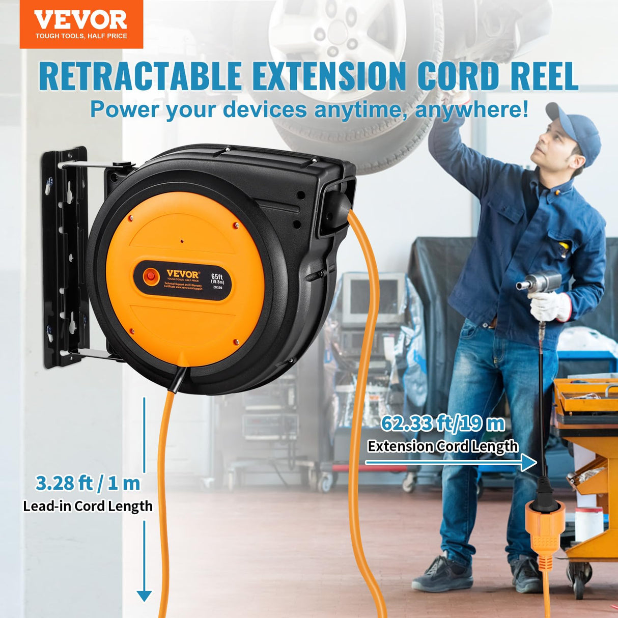 VEVOR Carrete de Cable de Extensión Retráctil 19 m 1600 W con Cable de Alimentación de 1 m Protección contra Sobrecalentamiento Carcasa de PP, Soporte Giratorio de 180° para Montaje en Techo, Pared