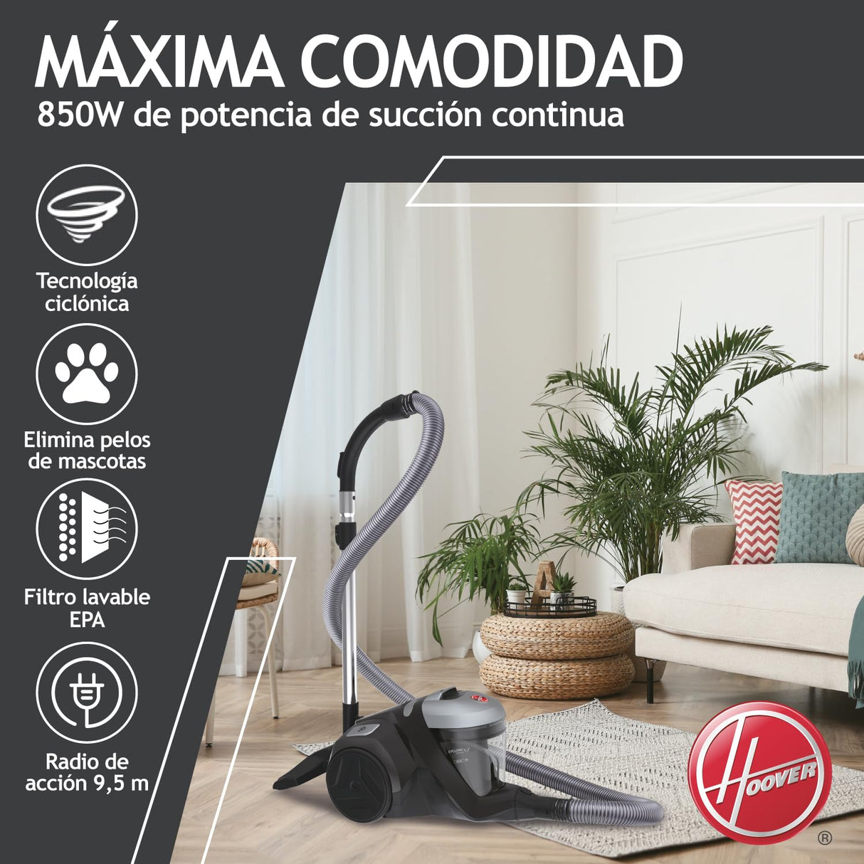 Hoover 39002259 H-Power 300 HP320PET, Aspiradora sin Bolsa Trineo, Tobera Turbo Pelo Mascotas y Tapicería, Compacta, Ciclónico, Selfdust Clean, 850W, Filtro Epa, 75dba, Cable 7 m, Negro, Depósito 2 l