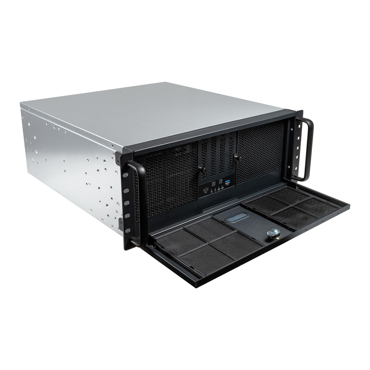 UNYKAch Caja Rack UK4339 Formato 4U 19" ATX, Compatible con Refrigeraciones Líquidas de 360 mm (Soporte Incluido), Cierre con Llave, 1 USB 3.0 y 1 USB Tipo C y 2 Ventiladores de 80 mm